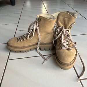 All Saints Cream Lace Up Boots with Rugged Design and Thick Sole